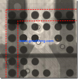 BGA錫球尺寸小于0.4mm，采用降低BGA內圍襲球的錫膏量所得到X-Ray，稍微留意一下可以發(fā)現最外圈的錫量(圓的直徑)比其他內圍的錫球上的錫量來得多一點點。也就是外圈的黑色圓形直徑比內圈的圓形來得大一點點。