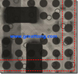 BGA錫球尺寸小于0.4mm，采用降低BGA內圍襲球的錫膏量所得到X-Ray，稍微留意一下可以發(fā)現最外圈的錫量(圓的直徑)比其他內圍的錫球上的錫量來得多一點點。也就是外圈的黑色圓形直徑比內圈的圓形來得大一點點。