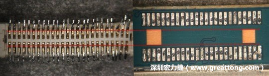 把板對板連接器與其電路板的佈線焊墊作一個比較，端子的切斷面有毛邊的地方剛好對到了裸銅區(qū)。