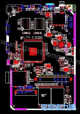 上圖是一個開發(fā)板的PCB，從布局中可以看出各個接口電路分離很明確，SDRAM和DDR以及SD卡接口電路等走線不會造成相互的干擾。-深圳宏力捷